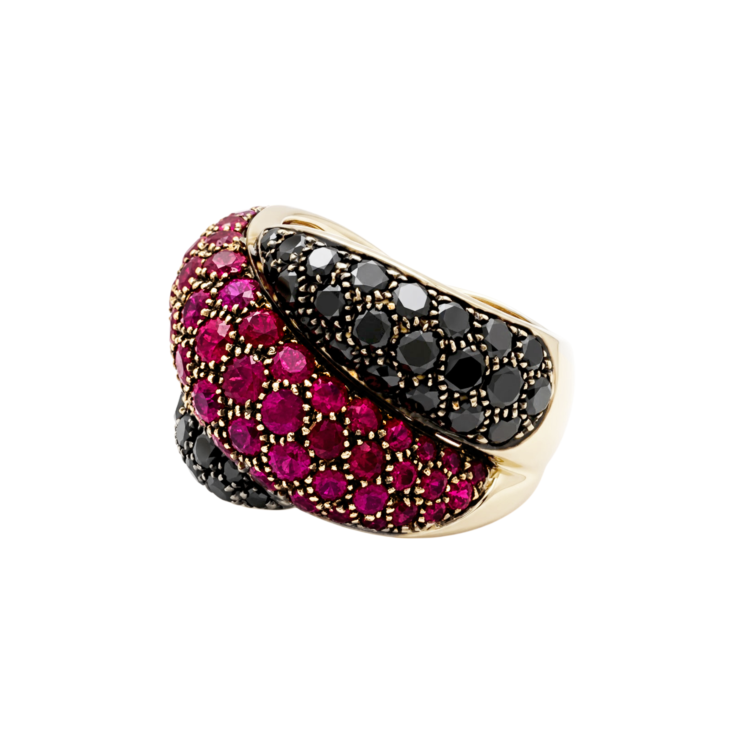 Bague Damiani «Gomitolo», diamants noirs et rubis.
