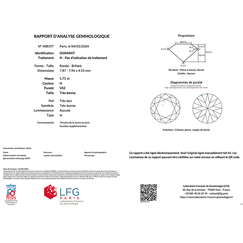 Solitaire platine, diamant 1,71 carat. - Castafiore