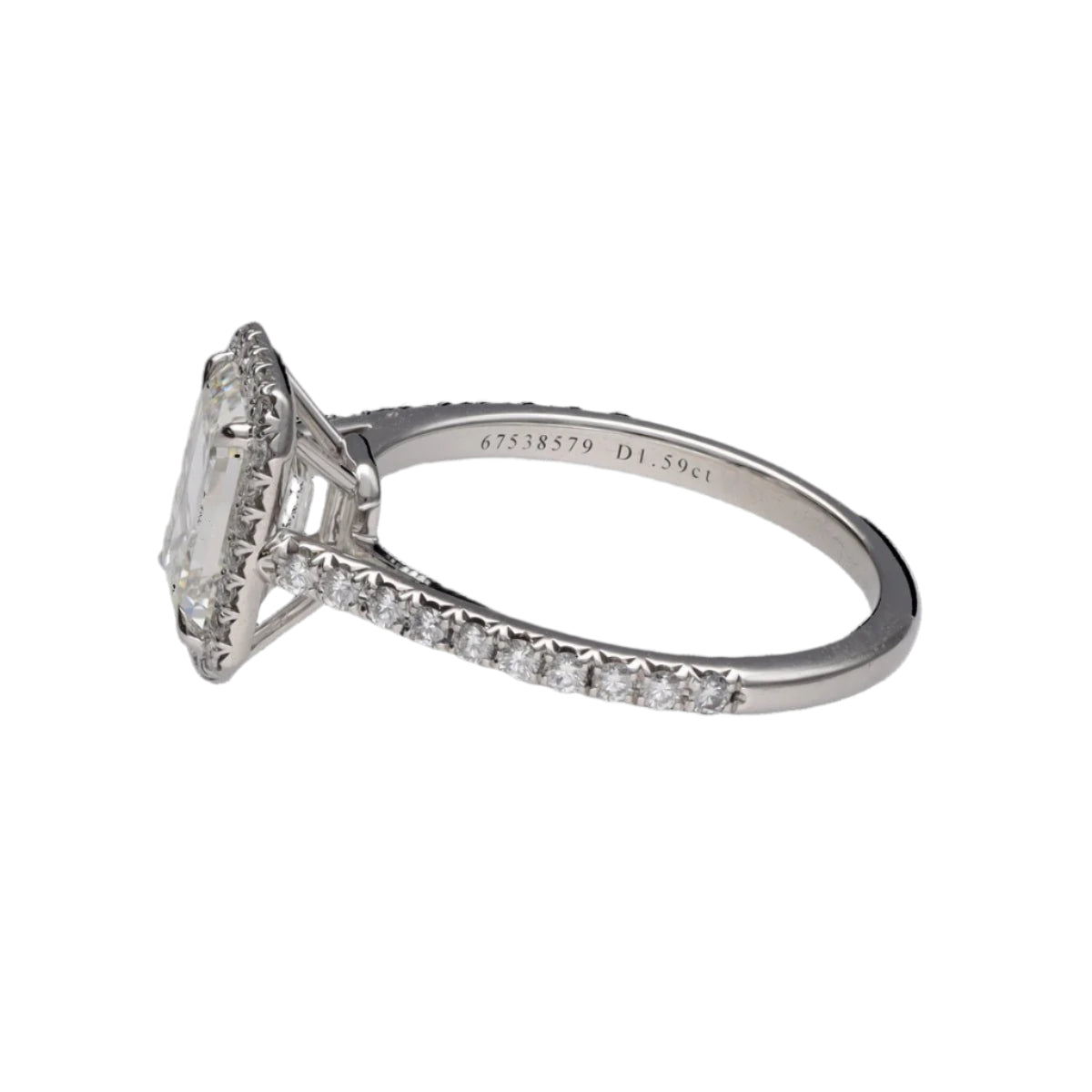 Solitaire Tiffany & Co "Soleste Halo" en platine avec un diamant taille émeraude de 1,59 Cts (H - VVS1). Taille 50. - Castafiore