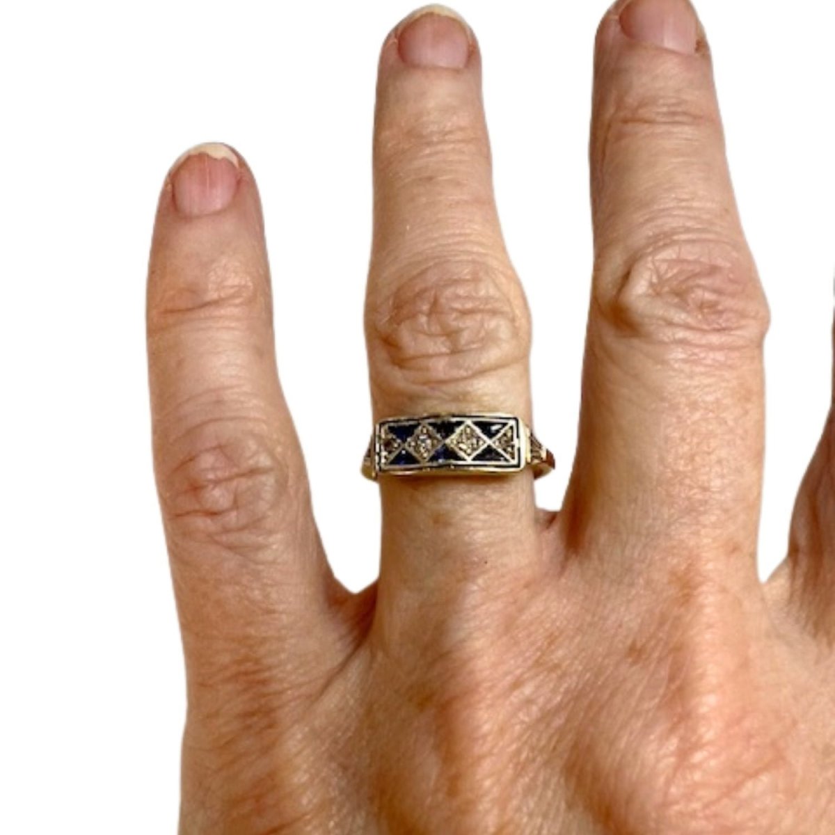 SORTIJA ART DECO EPOCA 1920 - 1925 de ORO 18 kts y PLATINO con DIAMANTES y ZAFIROS - Castafiore