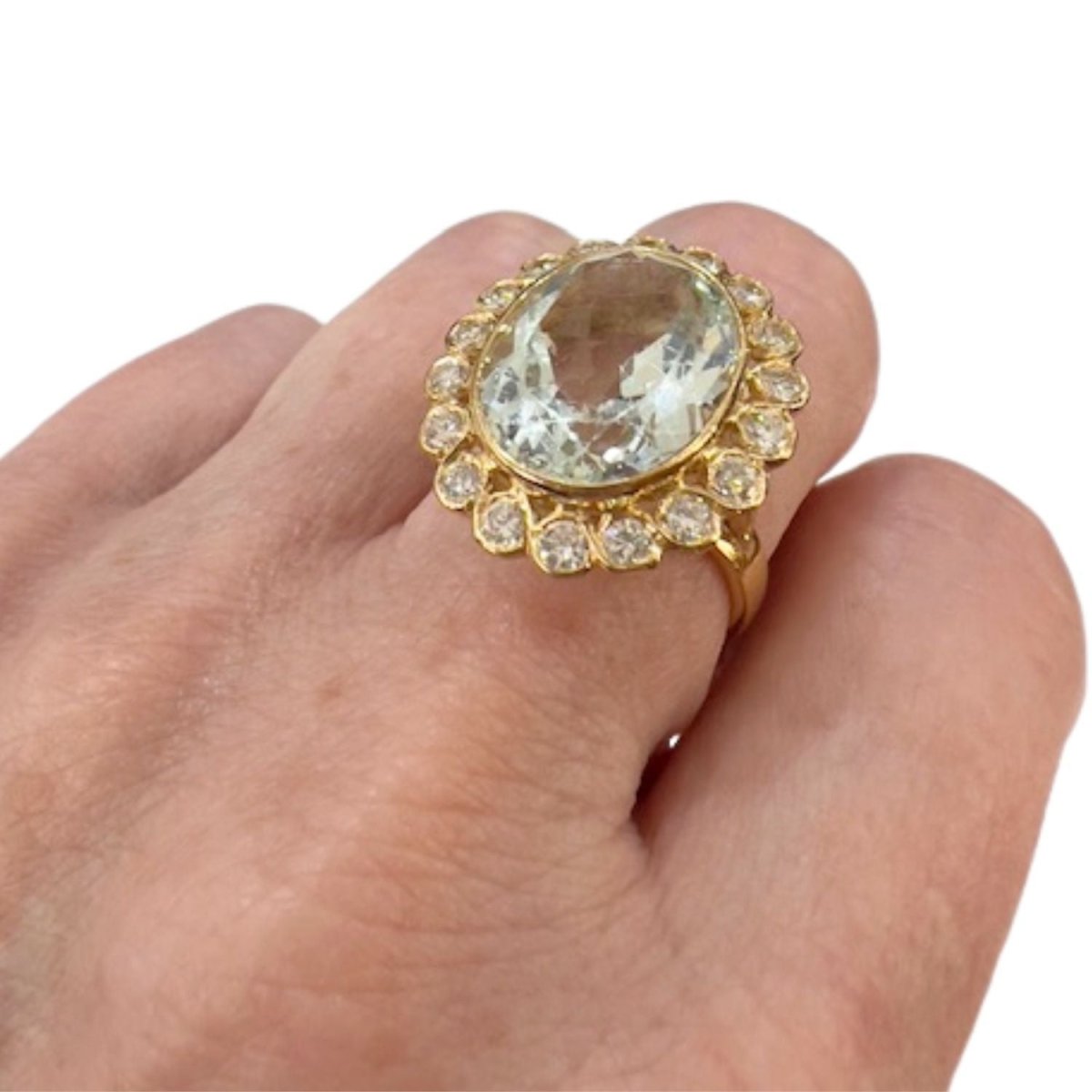 SORTIJA DISEÑO CONTEMPORÁNEO, DISEÑO CLÁSICO de ORO 18 kts con DIAMANTES y AGUAMARINA. PIEZA FRANCESA (BORDEAUX) - Castafiore