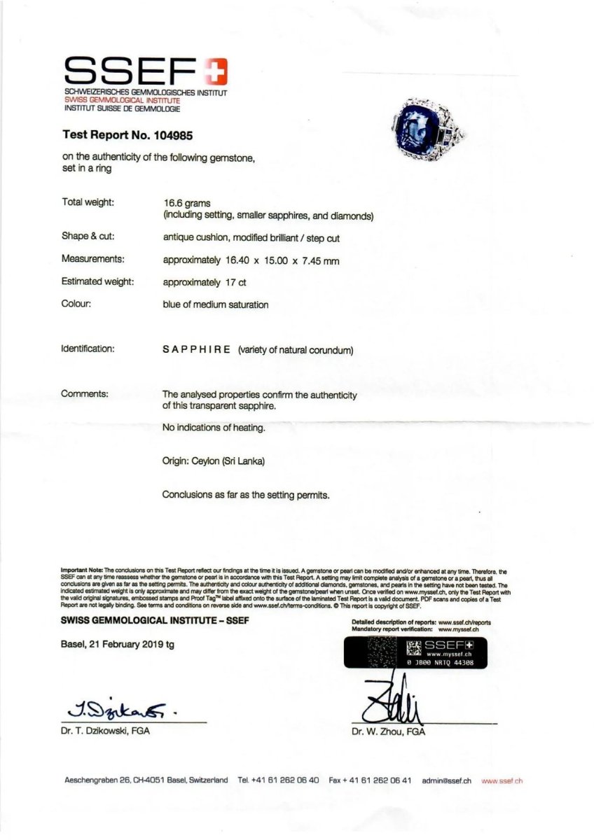 Ssef/Gubelin Certified 17 Carat Sapphire Art Deco Diamond Platinum Ring - Castafiore