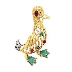 Broche « Canard » en or jaune, pierres précieuses et diamants.