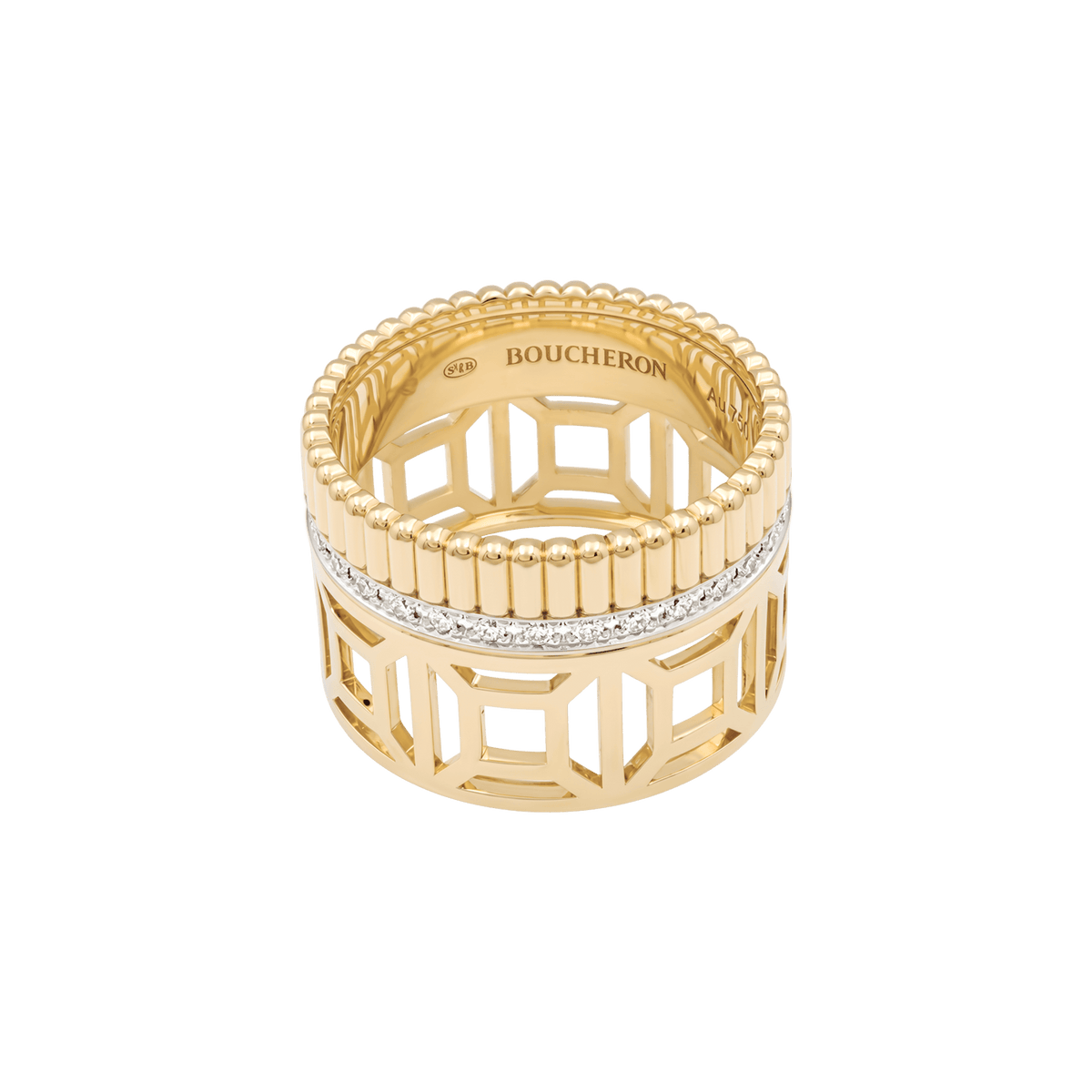 Bague Boucheron "Quatre Radiant Edition Ajourée", or jaune, or blanc, diamants.