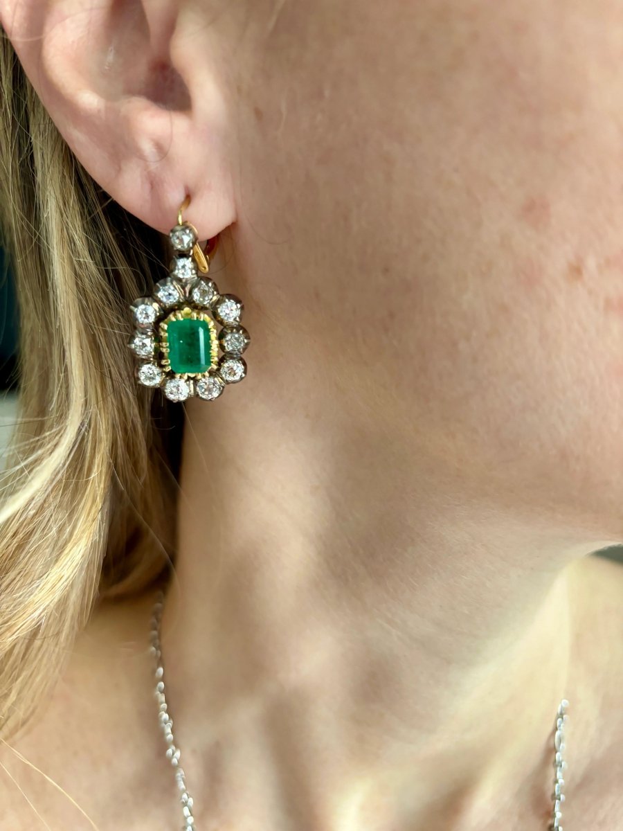 Victorian Certificate Emerald Diamond Gold Drop Earrings, 1900s - Castafiore