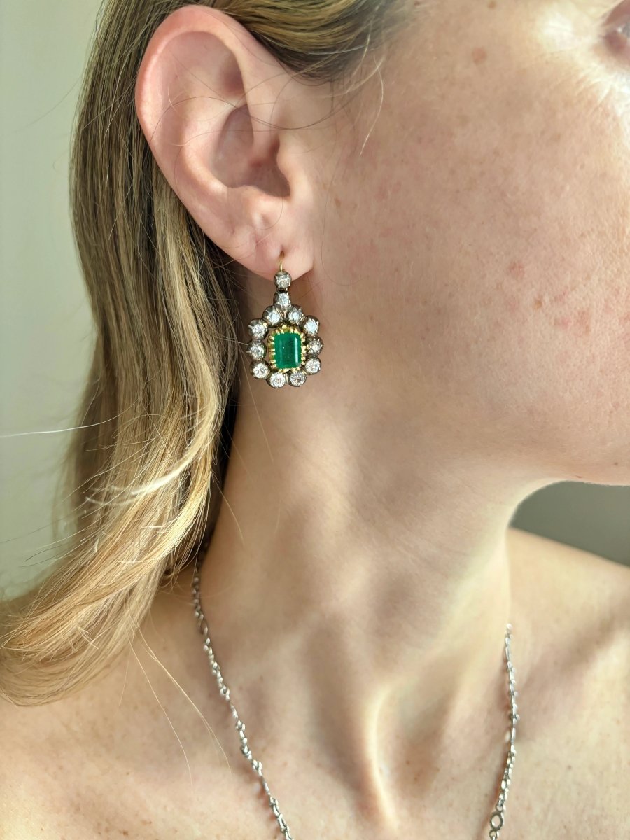 Victorian Certificate Emerald Diamond Gold Drop Earrings, 1900s - Castafiore