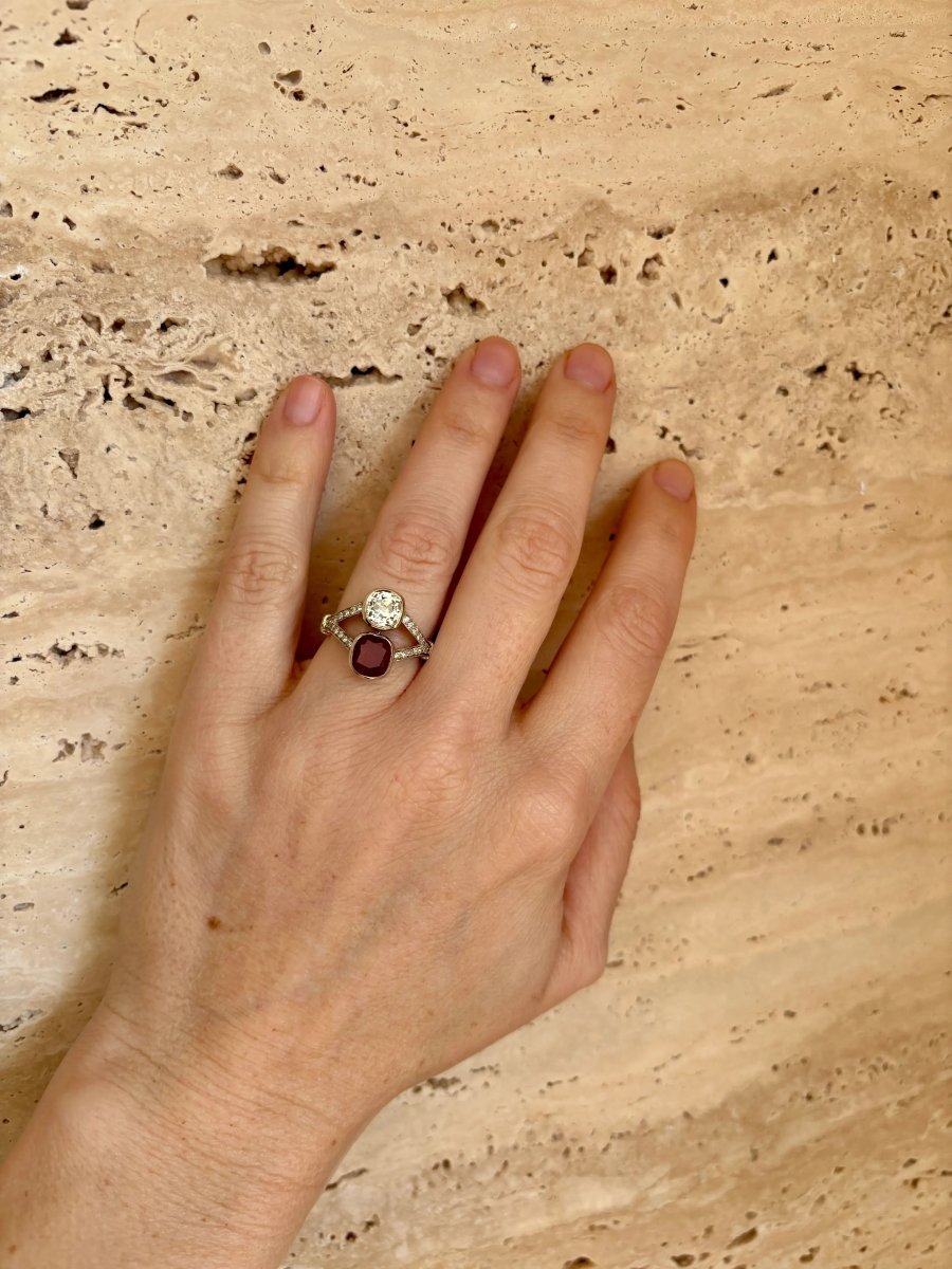 Victorian Certified Natural Unheated Ruby Diamond Vous et Moi Ring - Castafiore