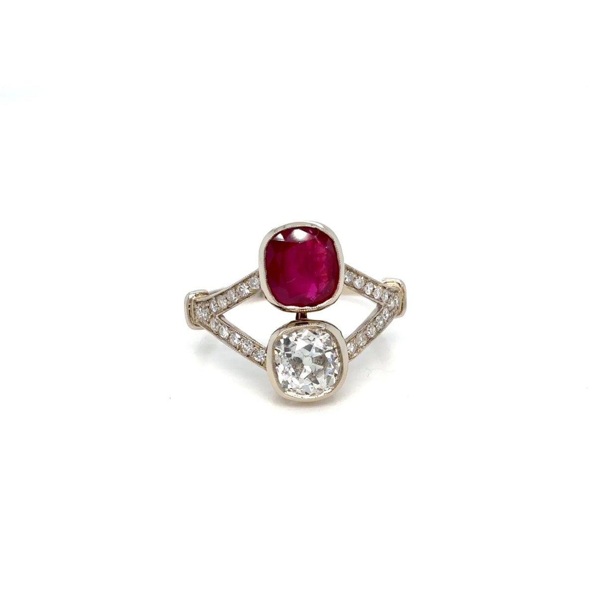 Victorian Certified Natural Unheated Ruby Diamond Vous et Moi Ring - Castafiore