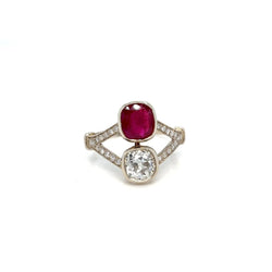 Victorian Certified Natural Unheated Ruby Diamond Vous et Moi Ring - Castafiore