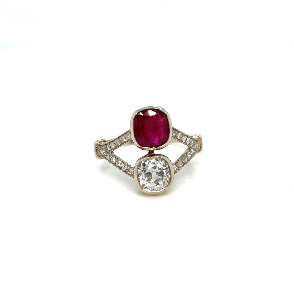 Victorian Certified Natural Unheated Ruby Diamond Vous et Moi Ring - Castafiore