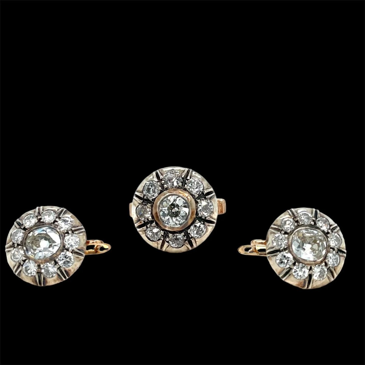 Victorian Diamond Gold and Silver Ring and Earrings Set - Castafiore