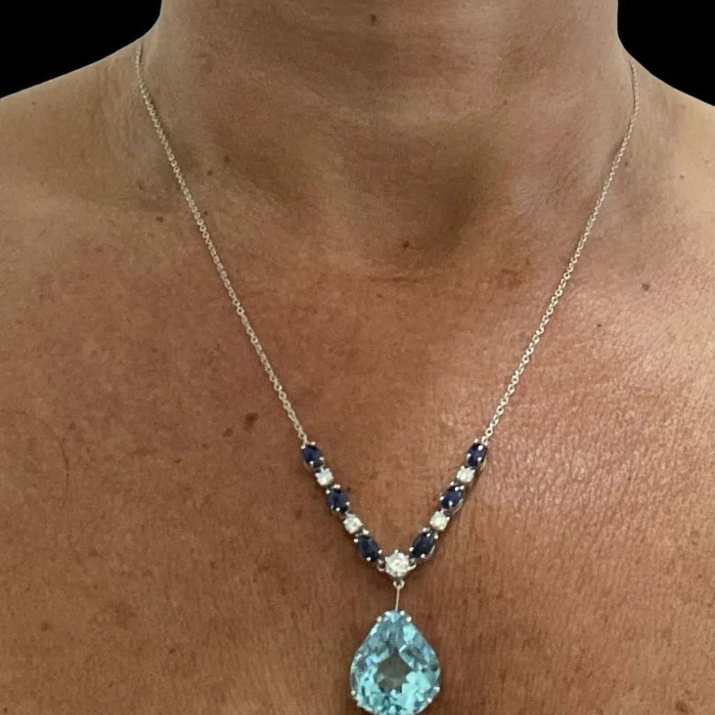 Vintage 12 Carat Aquamarine Diamond Sapphire Pendant Necklace - Castafiore