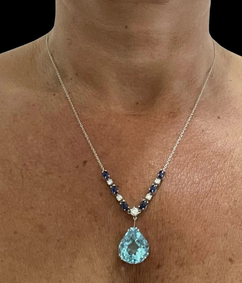 Vintage 12 Carat Aquamarine Diamond Sapphire Pendant Necklace - Castafiore
