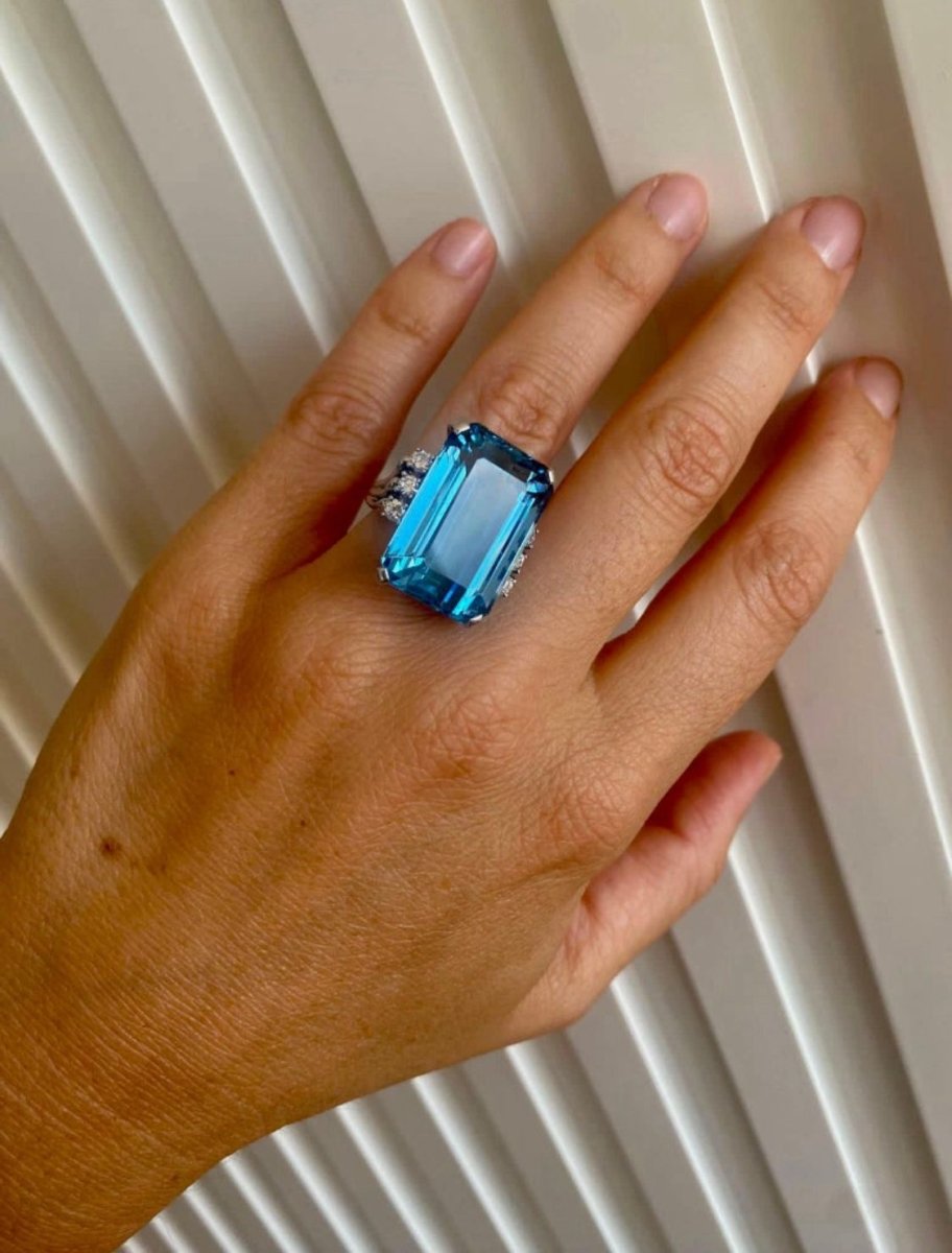 Vintage 25 Carat Santa Maria Aquamarine Diamond Gold Ring - Castafiore