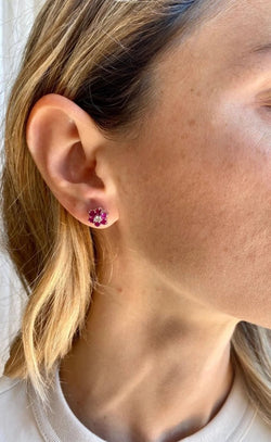 Vintage Ruby Diamond Gold Cluster Stud Earrings - Castafiore