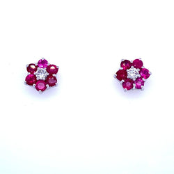 Vintage Ruby Diamond Gold Cluster Stud Earrings - Castafiore
