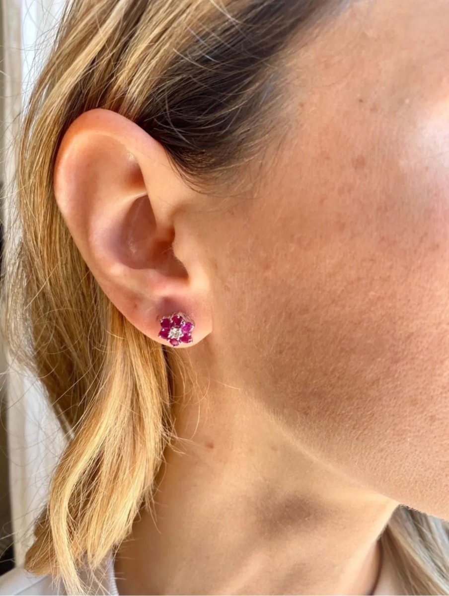 Vintage Ruby Diamond Gold Cluster Stud Earrings - Castafiore