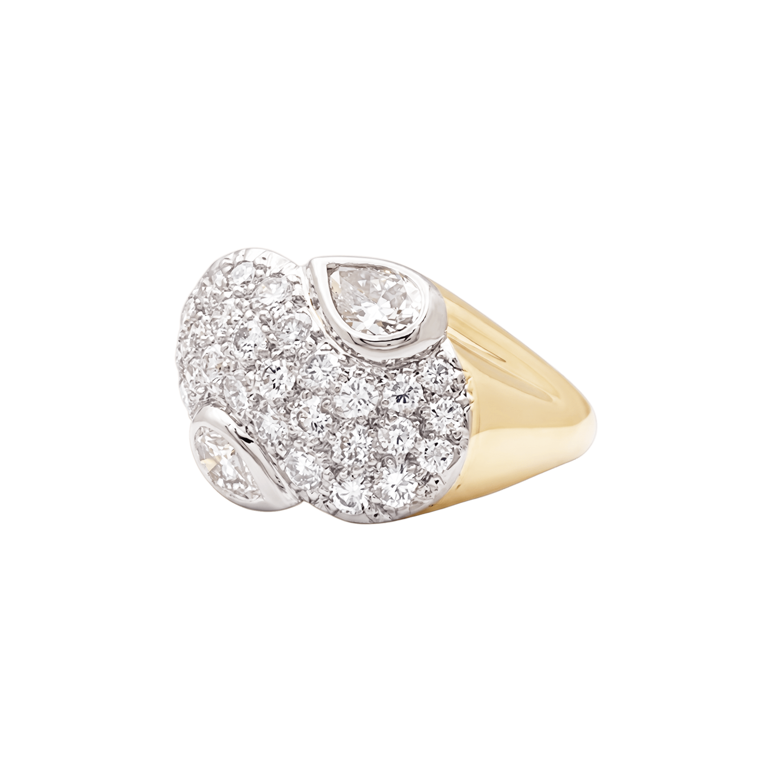 Bague or jaune, platine et diamants poire et brillant.