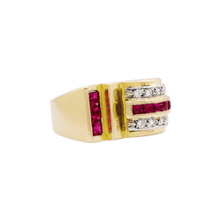 Bague "Tank" en or jaune, rubis synthétiques et diamants.