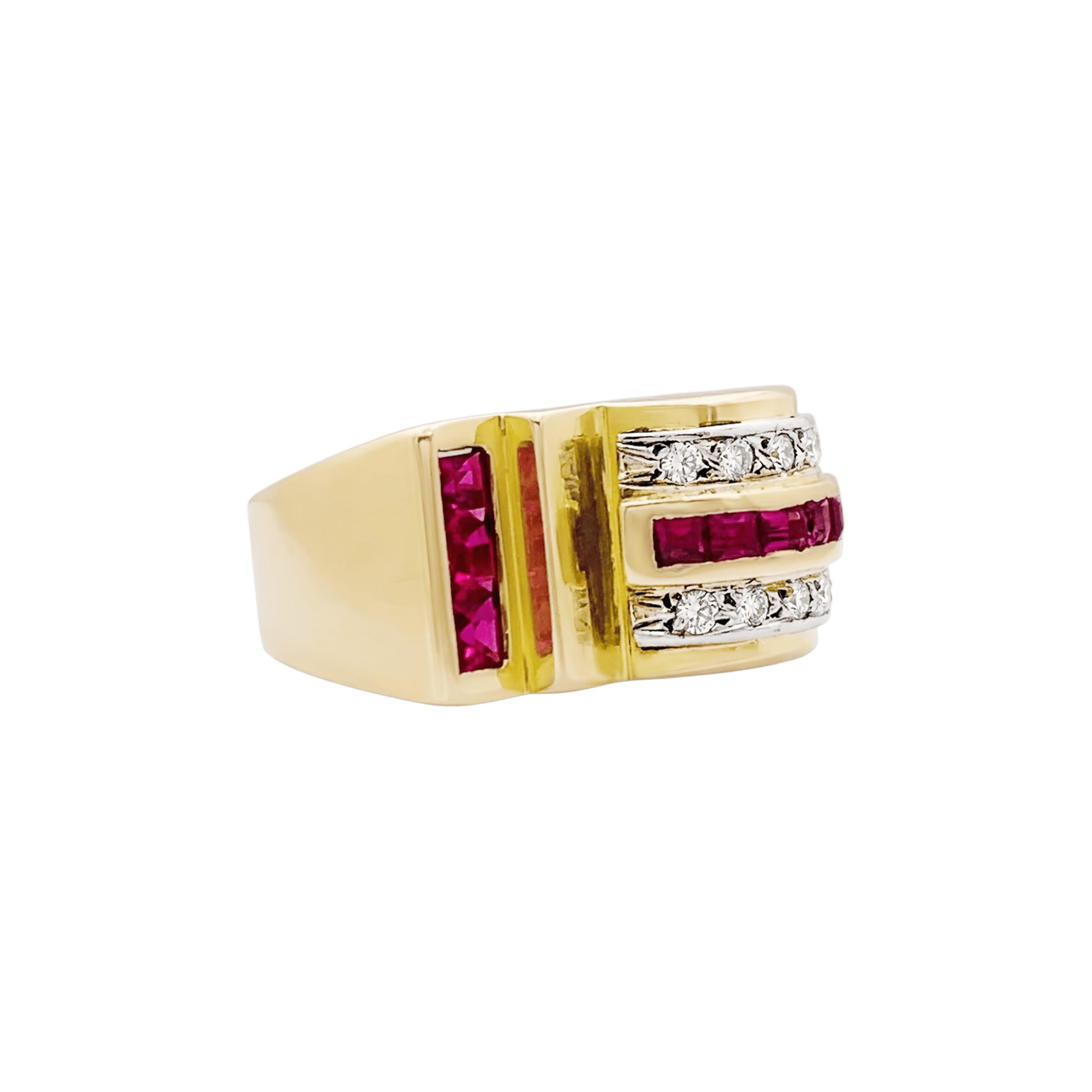Bague "Tank" en or jaune, rubis synthétiques et diamants.