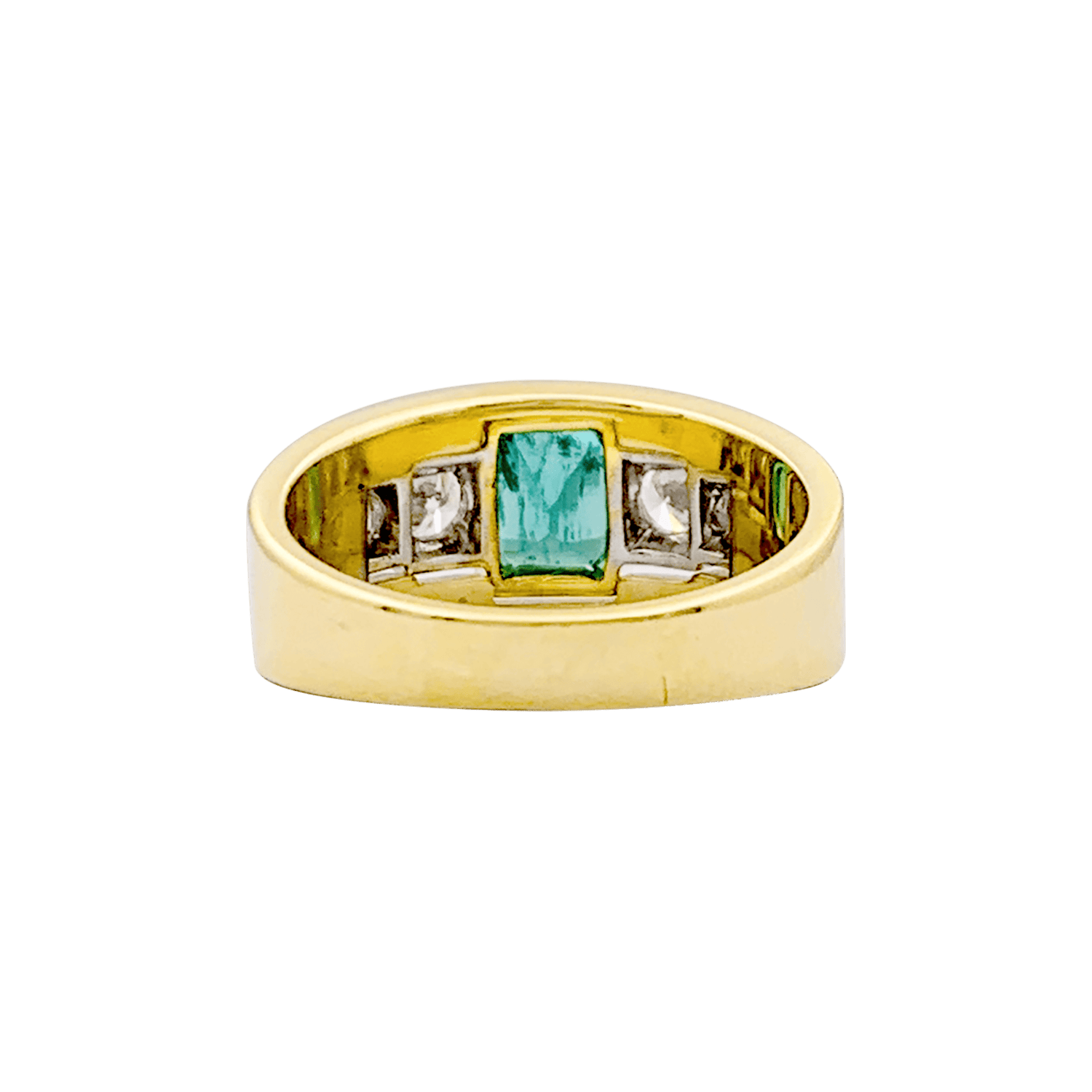 Bague bandeau deux tons d'or, émeraude et diamants.