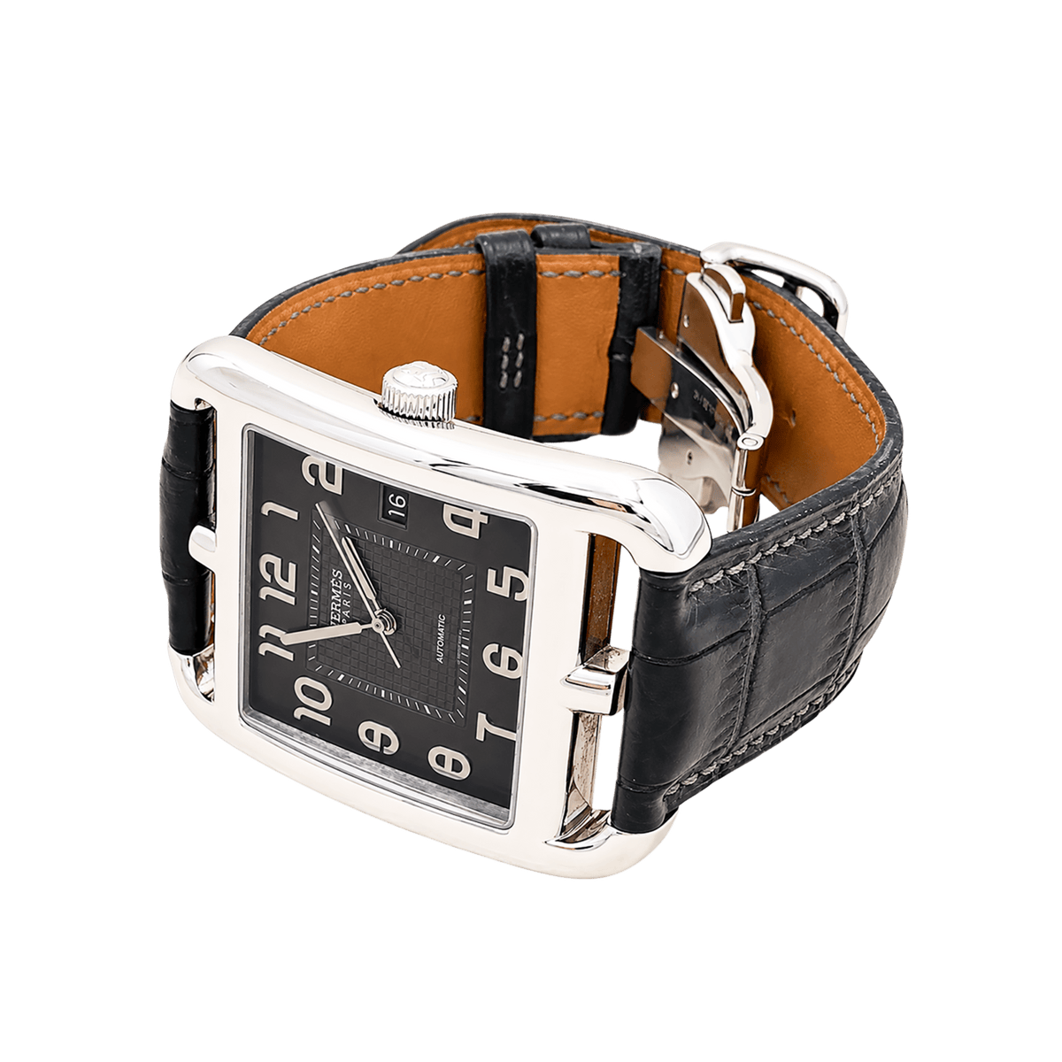 Montre Homme Hermès, "Cape Cod", acier, cuir. Très grand modèle.
