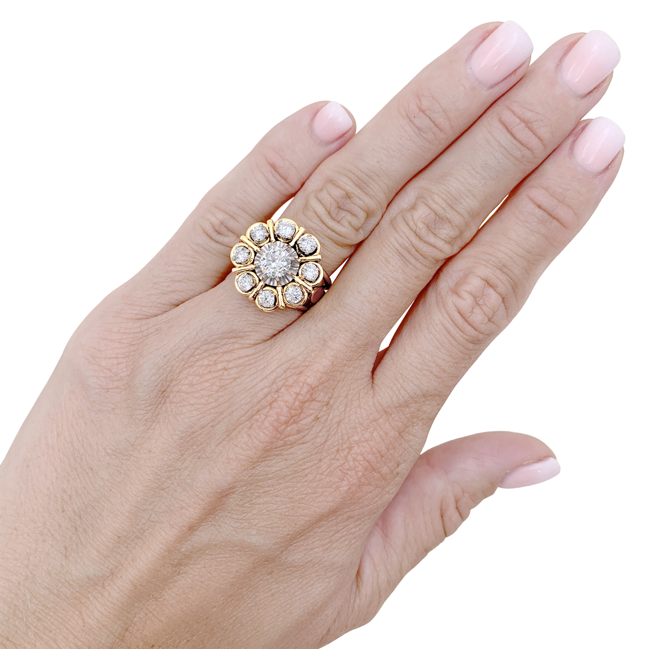 Bague « Marguerite », deux ors, diamants taille ancienne.