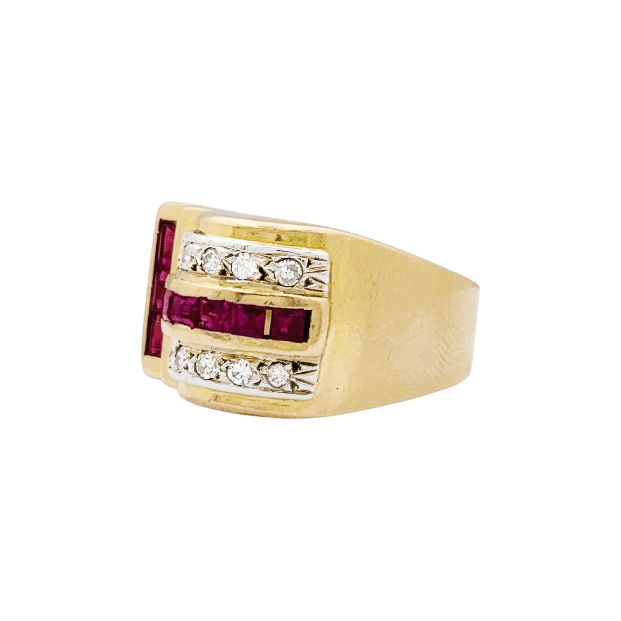 Bague "Tank" en or jaune, rubis synthétiques et diamants.
