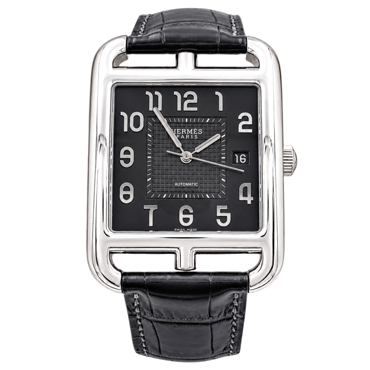 Montre Homme Hermès, "Cape Cod", acier, cuir. Très grand modèle.