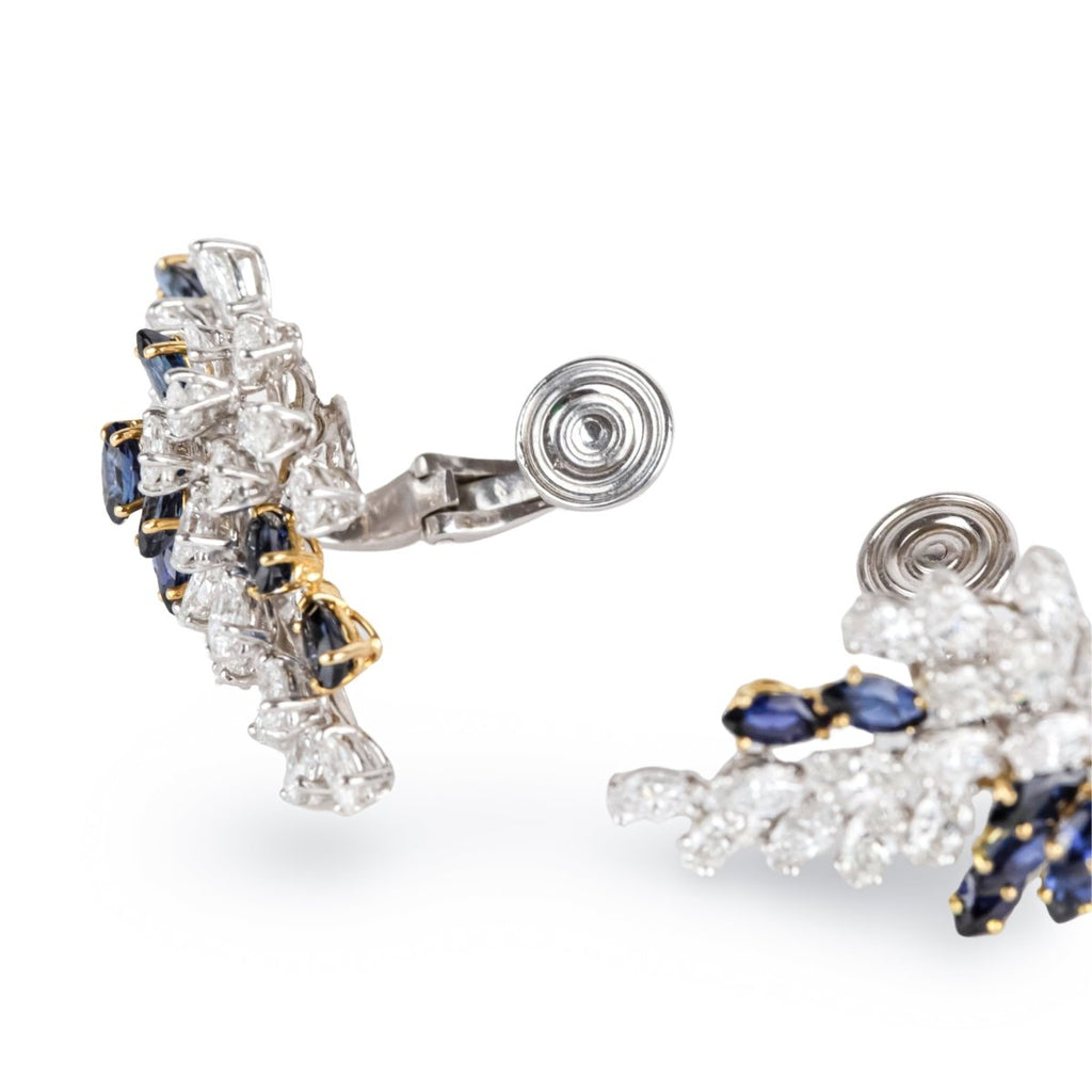 Paire De Boucles D'oreilles Clous En Or 18k Jaune Et Blanc - Avec Saphir, Occasion Superbe état