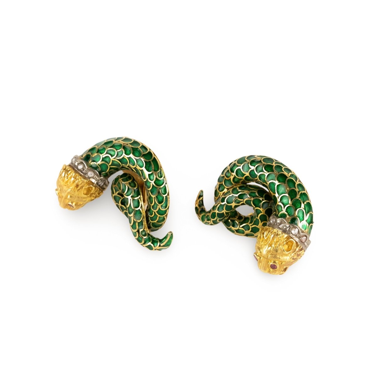 Boucles d'oreilles Clip LALAOUNIS Serpents en or jaune, émail, rubis et diamants