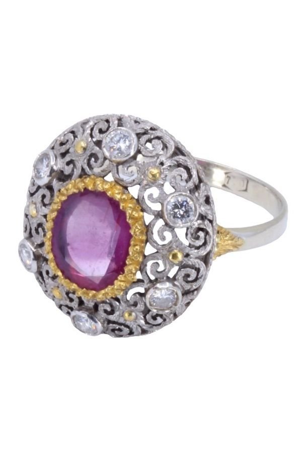 Bague ancienne en or jaune et or blanc, et rubis et diamants - Castafiore
