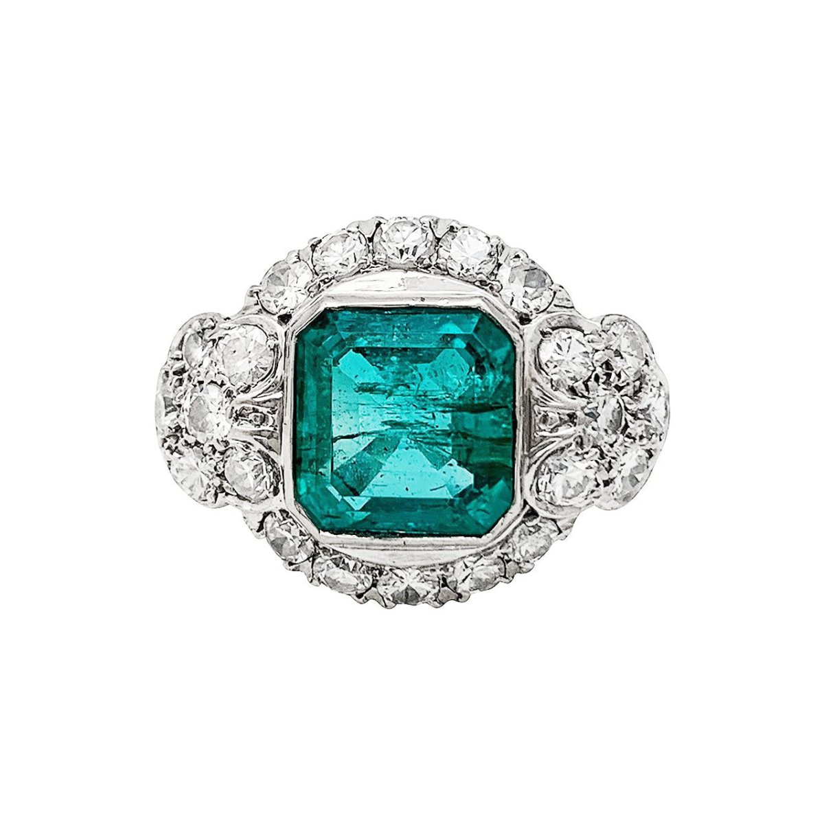 Bague Art Déco en platine, émeraude et diamants - Castafiore
