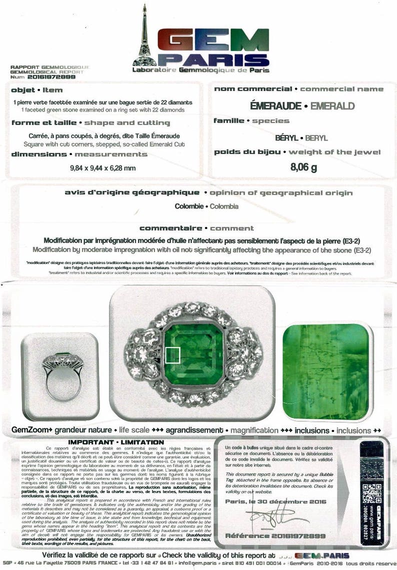 Bague Art Déco en platine, émeraude et diamants - Castafiore