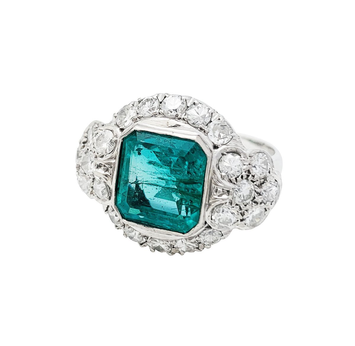 Bague Art Déco en platine, émeraude et diamants - Castafiore