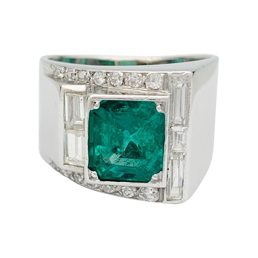 Bague Art Déco en platine, émeraude et diamants - Castafiore