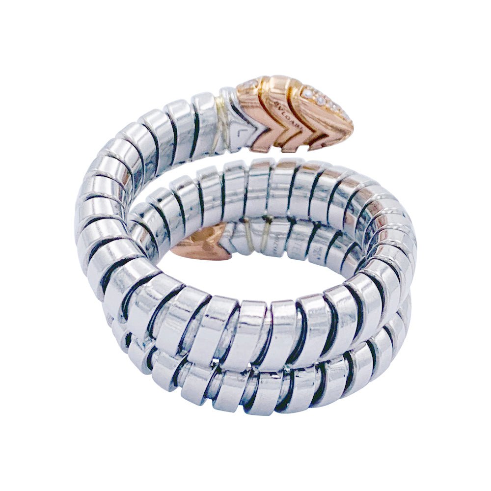 Bague Bulagri, "Serpenti", acier, or, diamants - Castafiore