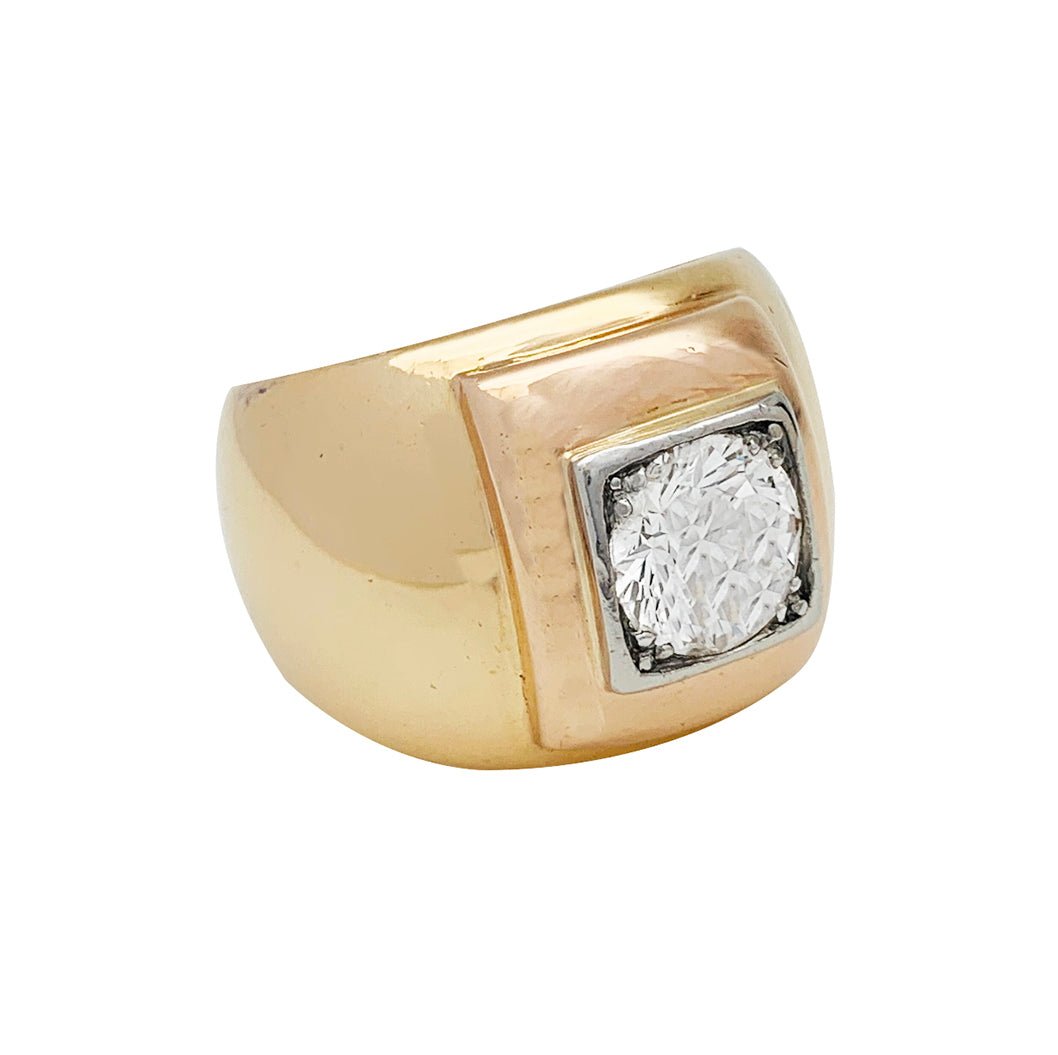 Bague chevalière en deux tons d'or, platine sertissant un diamant - Castafiore