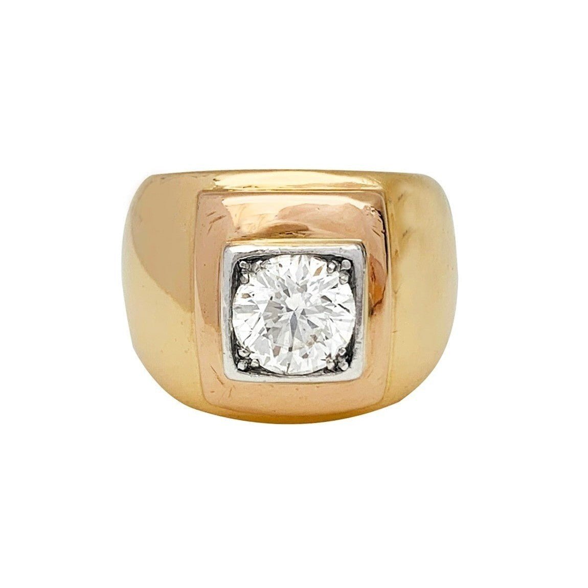 Bague chevalière en deux tons d'or, platine sertissant un diamant - Castafiore