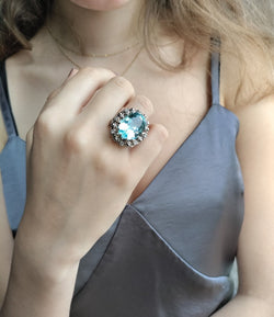 Bague Cocktail aigue-marine or blanc - Castafiore