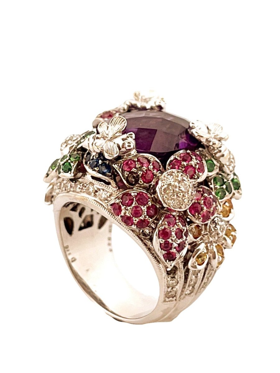 Bague Cocktail en or blanc et en améthyste, rubis, grenats verts et diamants - Castafiore