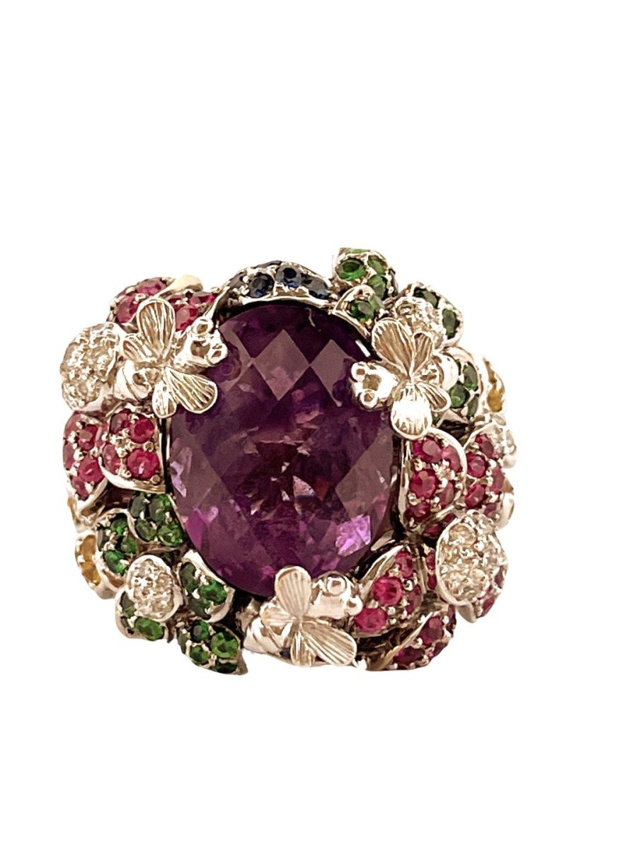 Bague Cocktail en or blanc et en améthyste, rubis, grenats verts et diamants - Castafiore