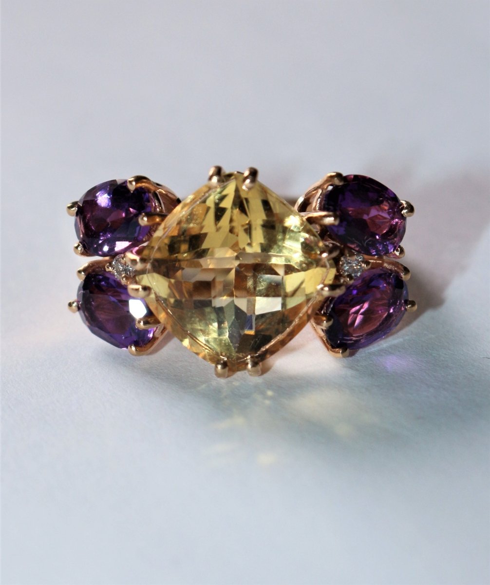 Bague Cocktail en or rose, citrine, améthystes et diamants - Castafiore