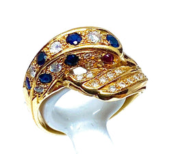 Bague dauphin en or jaune 18 carats ,saphirs ,diamants et rubis - Castafiore