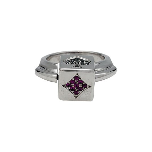 Bague Dé en or blanc diamants noirs et rubis - Castafiore