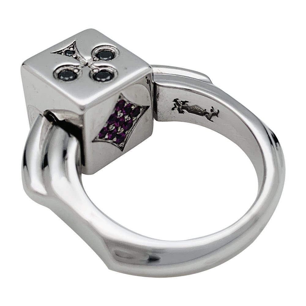 Bague Dé en or blanc diamants noirs et rubis - Castafiore