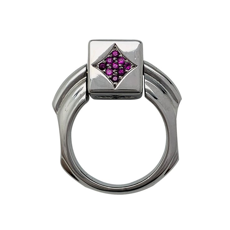 Bague Dé en or blanc diamants noirs et rubis - Castafiore