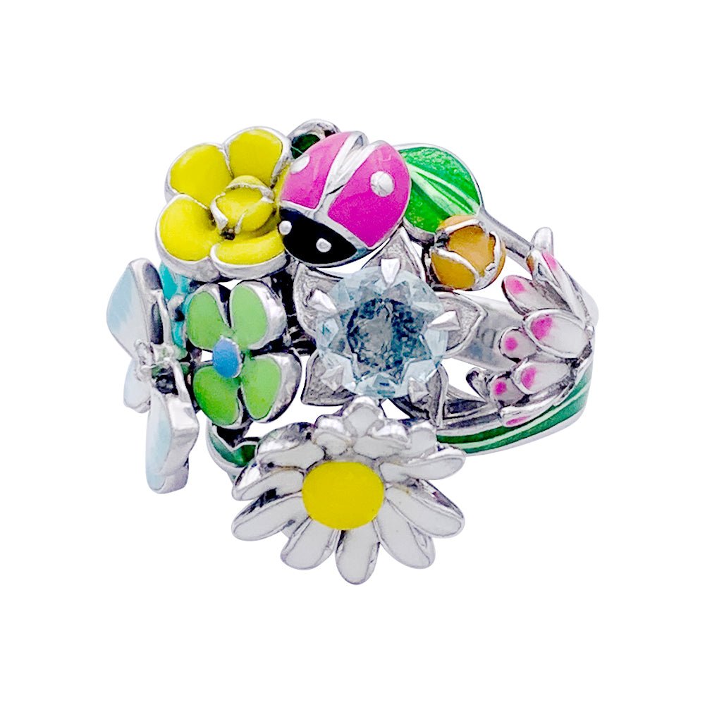 Bague DIOR "Diorette" en or blanc, émail, aigue-marine et diamant. - Castafiore