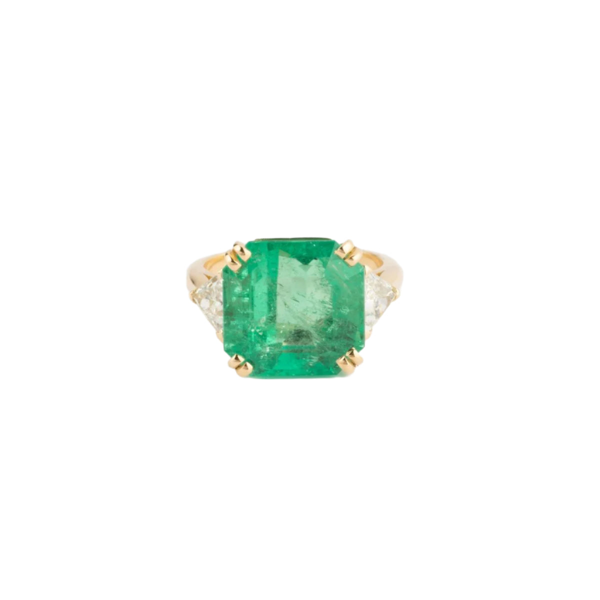 Bague en or jaune ornée d'une émeraude taille émeraude épaulé de diamants triangles - Castafiore