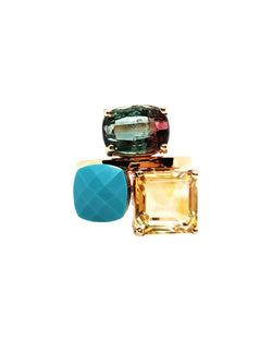 Bague en or rose, quartz lemon, turquoise et tourmaline - Castafiore
